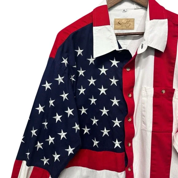 Scully Shirt Men Sz XXL Red White Blue USA Flag Western Long Sleeve Casual Adult
